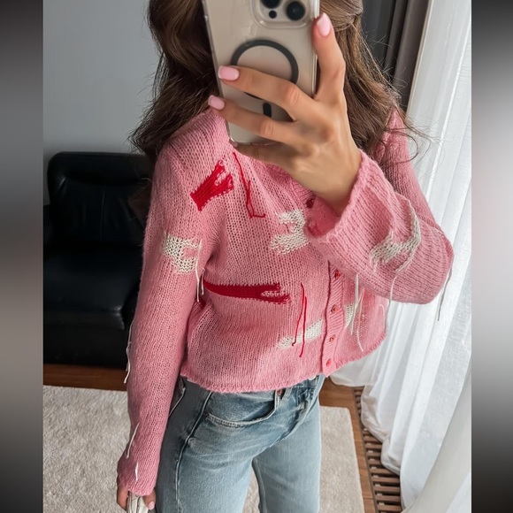 ZARA NEW WOMAN SS23 PINK JACQUARD KNIT CARDIGAN 1957/104 - Picture 7 of 11